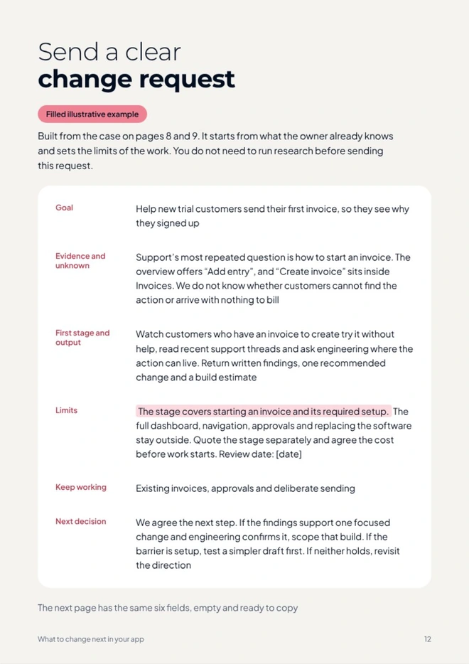 Filled change request, page 12 of the guide