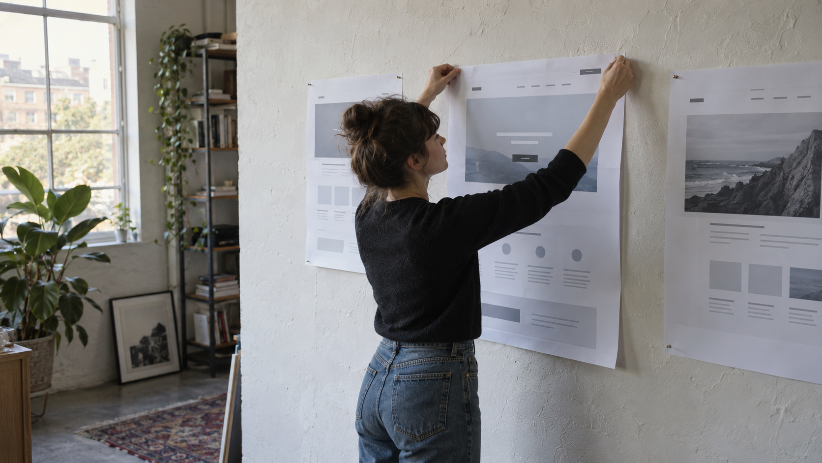 Designer pinning up a draft startup website page alongside earlier versions