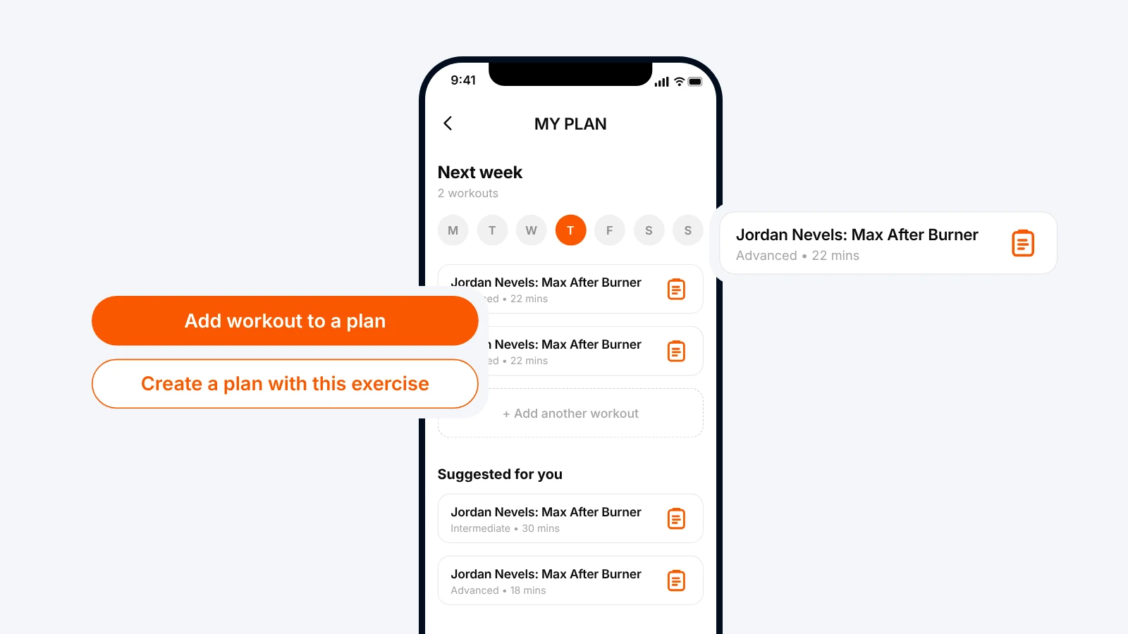 New Image workout planning screen with options to add a workout to a plan.