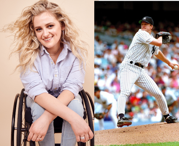 a headshot of a blonde woman smiling in wheelchair next to a picture of a baseball player in uniform pitching from the mound