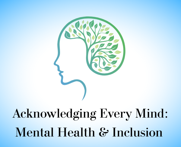 A blue and green graphic of a face and a brain made out of foliage above the title of the event in black type.