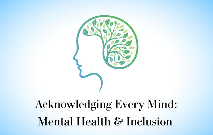 A blue and green graphic of a face and a brain made out of foliage above the title of the event in black type.