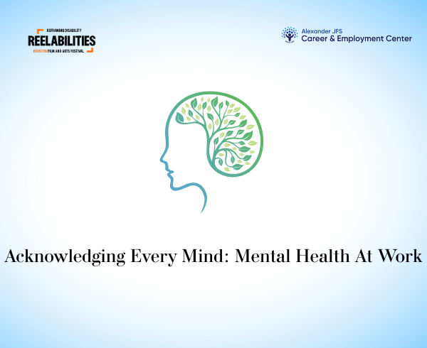 A blue and green graphic of a face and a brain made out of foliage above the title of the event in black type.