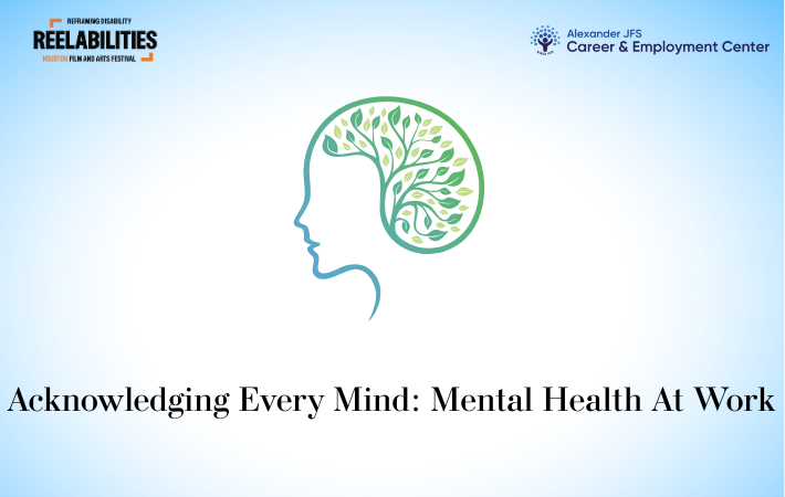 A blue and green graphic of a face and a brain made out of foliage above the title of the event in black type.