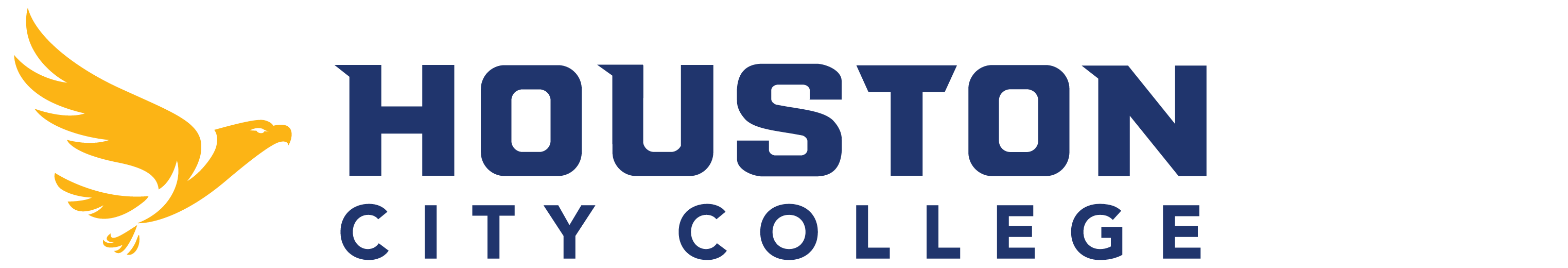 Yellow bird on left side of the words houston city college written in blue blocky font.