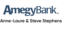 Amegy bank in thick blue font, and names anne-laure & Steve stephens written in black underneath