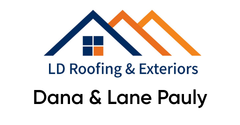 Blue and orange roof shaped triangles above the names dana and lane pauly in black text