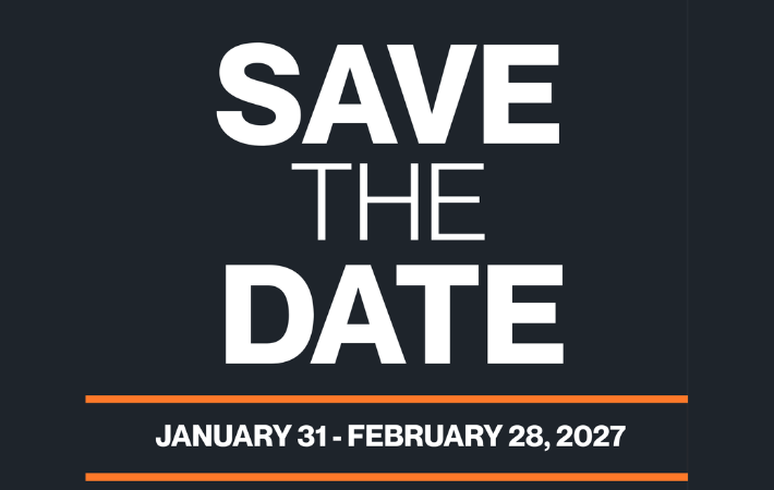 Save the date spelled in big white letters with January 31 through February 28 written beneath it between two orange lines, all on a black background