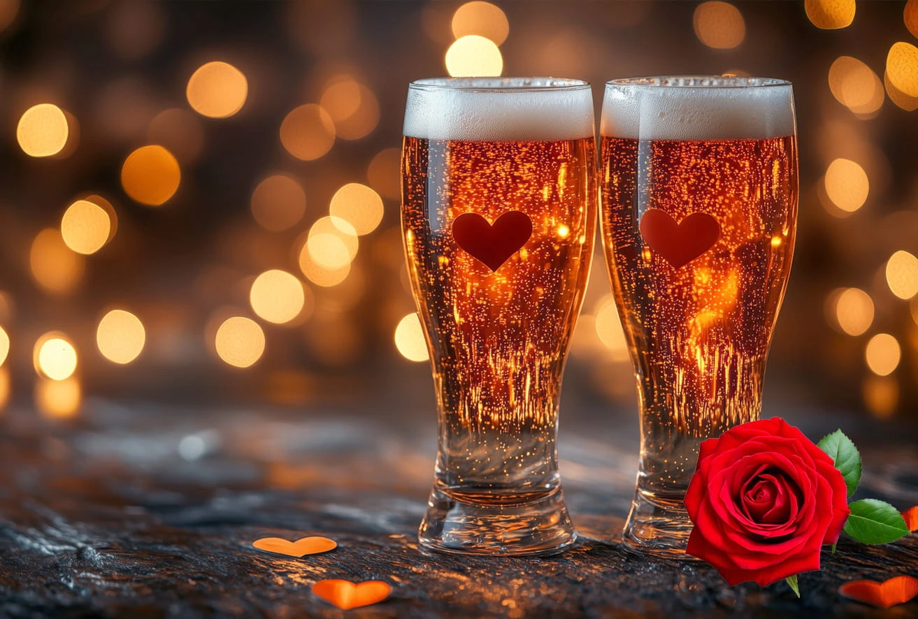 Zwei Biergläser mit Rosen vor romantischem Hintergrund