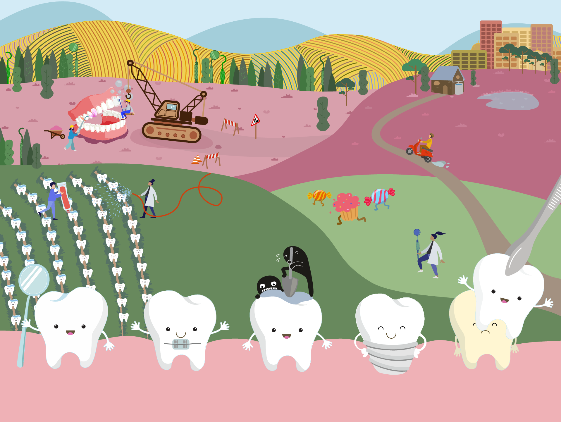 an illustration of dentists cleaning teeth in a valley