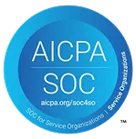 Blue circular AICPA SOC seal with the words 'Designed to meet trust service criteria'.