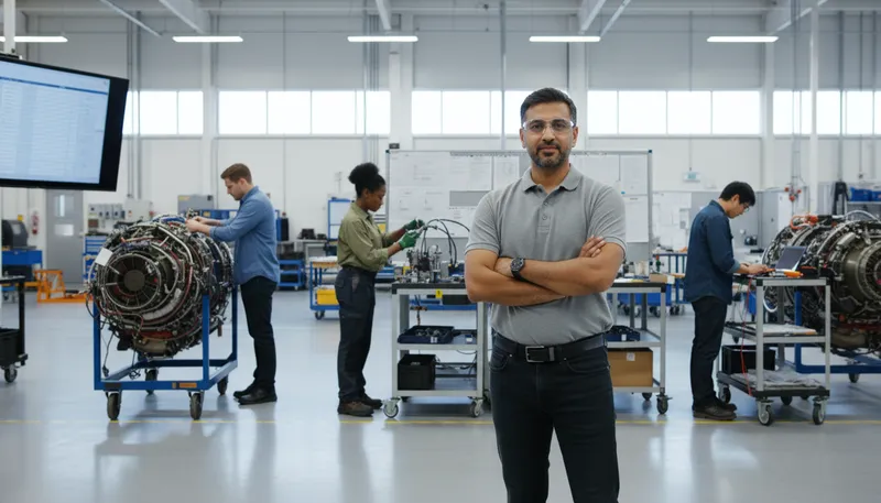 Ingénieur portant des lunettes de sécurité et un polo gris, debout, les bras croisés, dans un atelier industriel, avec trois techniciens travaillant sur des pièces de moteur à réaction en arrière-plan.