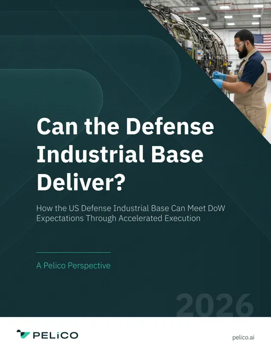 Report cover titled 'Can the Defense Industrial Base Deliver?' with subtitle about meeting DoW expectations, showing a technician working on aircraft machinery inside a hangar.