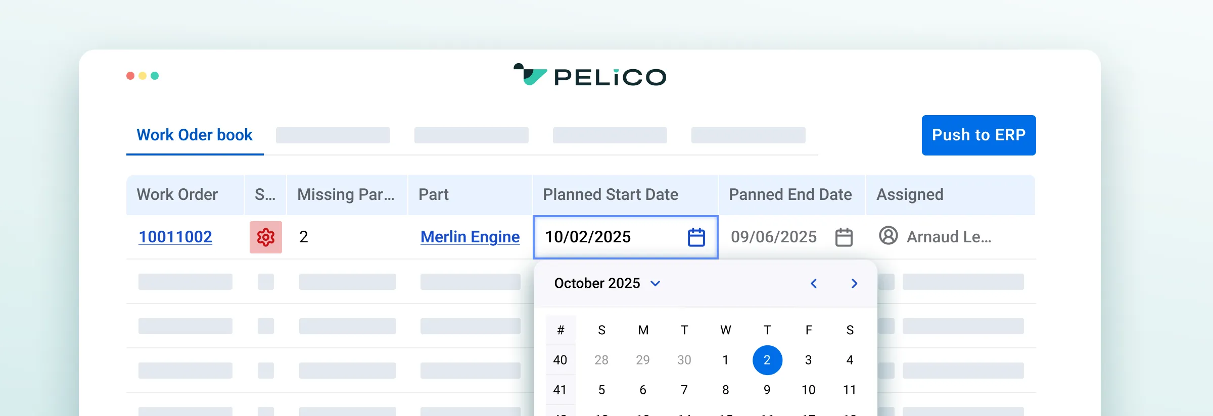 Work order management interface showing a single work order with missing parts, planned start and end dates, and assigned personnel, with an open calendar date picker set to October 2, 2025.