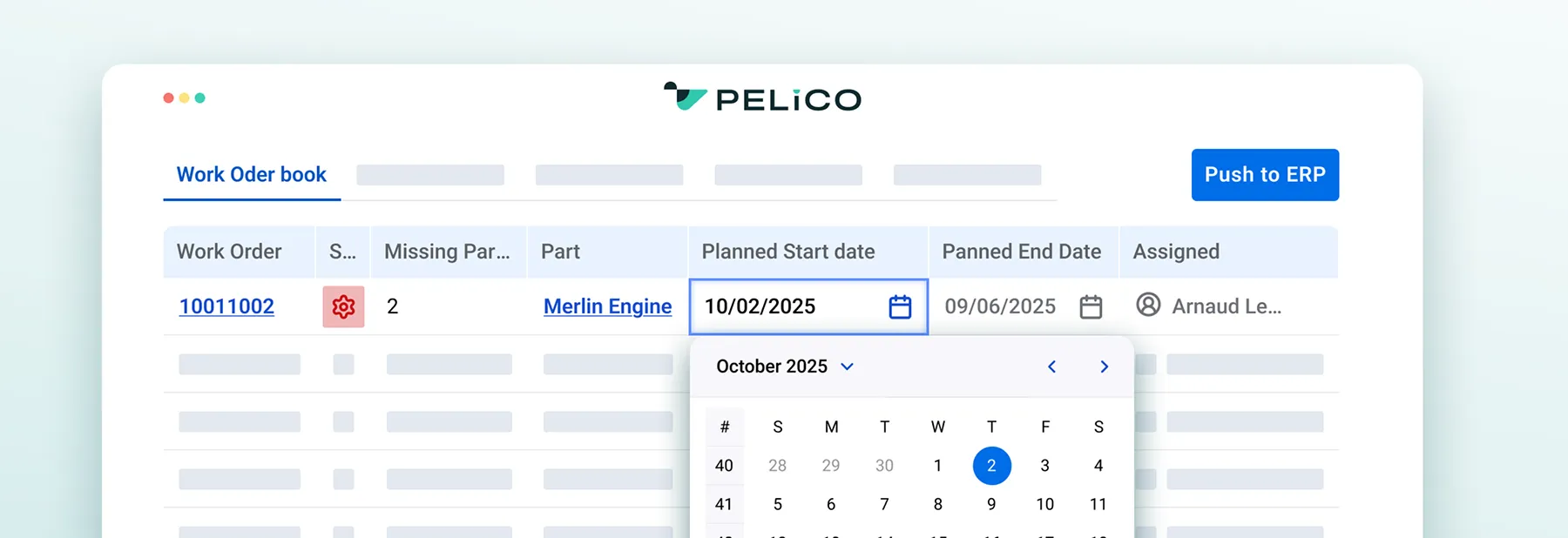 Work order management interface showing a single work order with missing parts, planned start and end dates, and assigned personnel, with an open calendar date picker set to October 2, 2025.