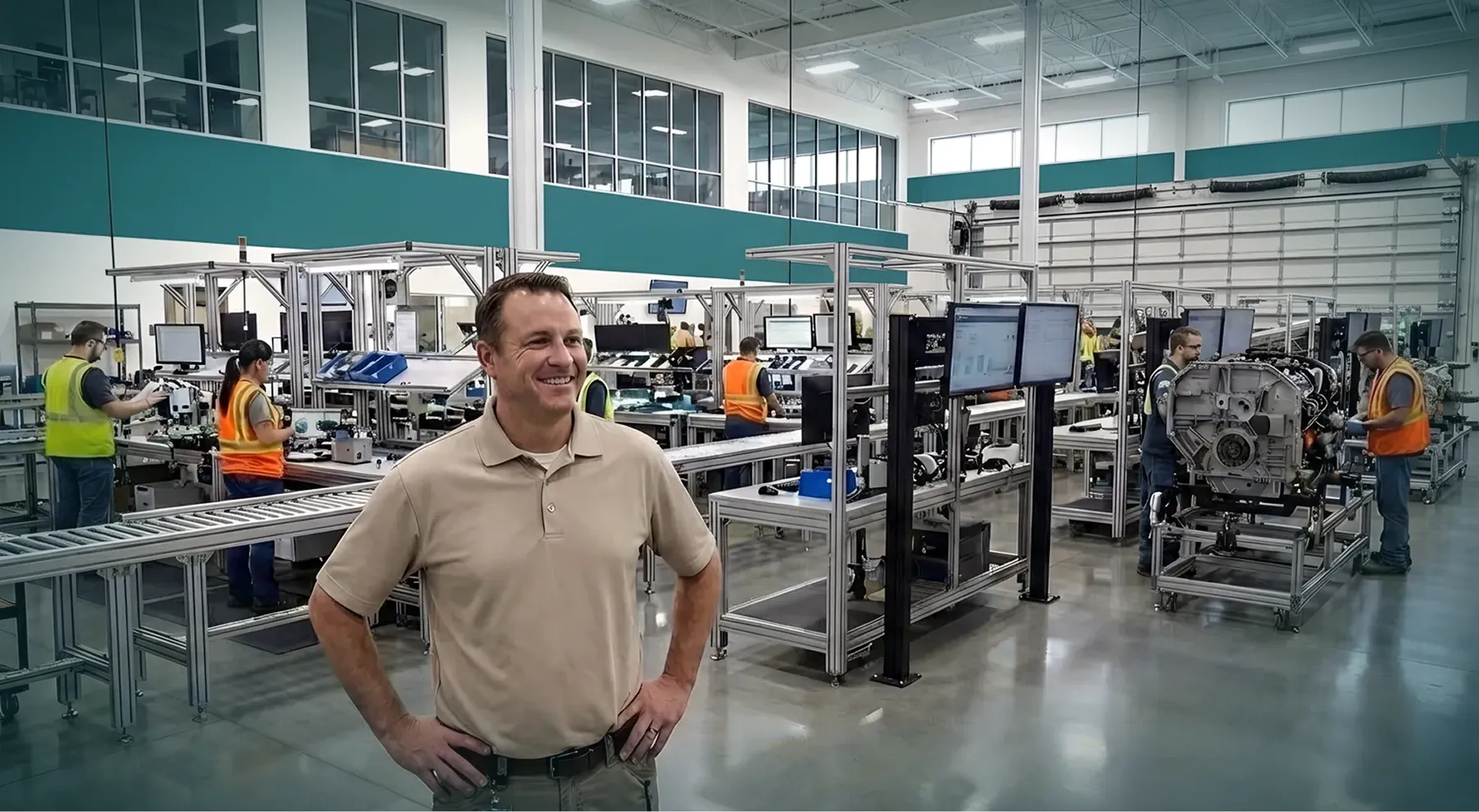 Man smiling with hands on hips in a modern factory with workers assembling machinery and digital icons overlay.