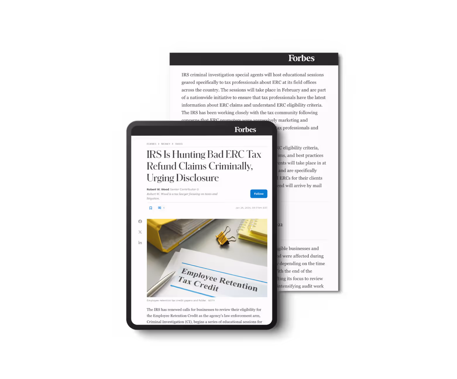 Forbes article titled 'IRS Is Hunting Bad ERC Tax Refund Claims Criminally, Urging Disclosure' with a photo of an Employee Retention Tax Credit document and office supplies.