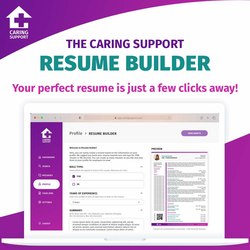 A sneak peek on the intuitive resume builder feature by Caring Support.