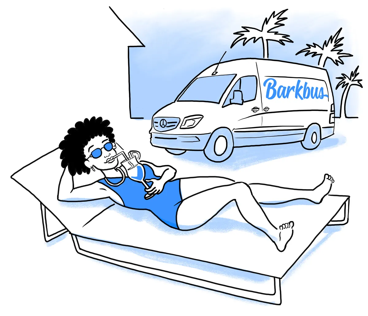 Woman relaxing in the sun with Barkbus grooming van