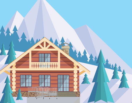 snow lodge with stairs and ramp at front entrance