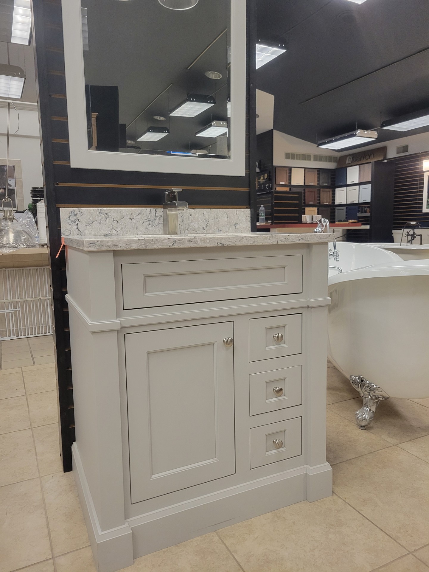 Vanity sink base Quartz counter top framed mirror