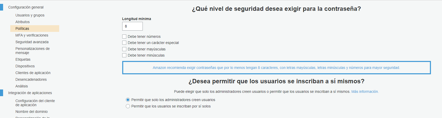 consola para definir niveles de seguridad