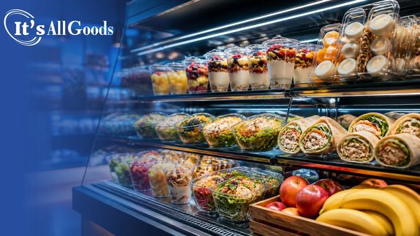 Convenience-store cooler stocked with fresh salads, parfaits, wraps, and fruit