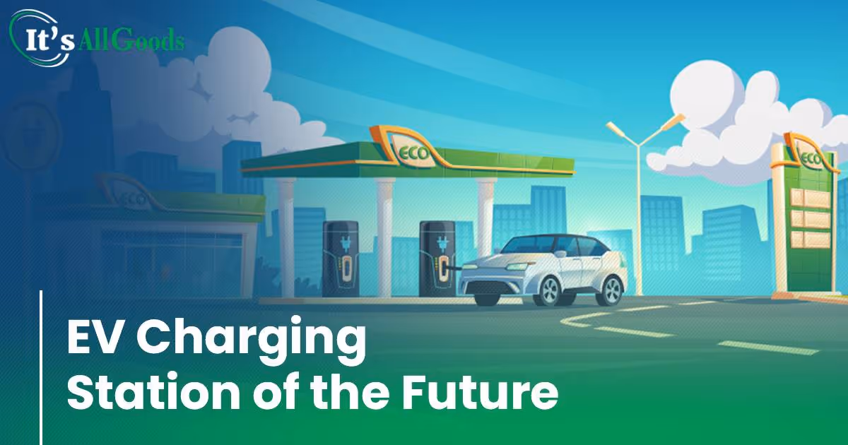 decorative graphic showing car getting charged at modern station