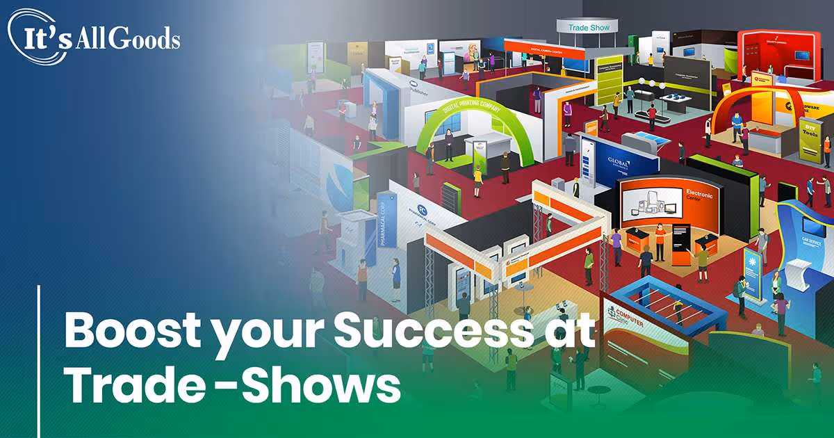 A graphic depicting a ceiling view of a busy trade show.