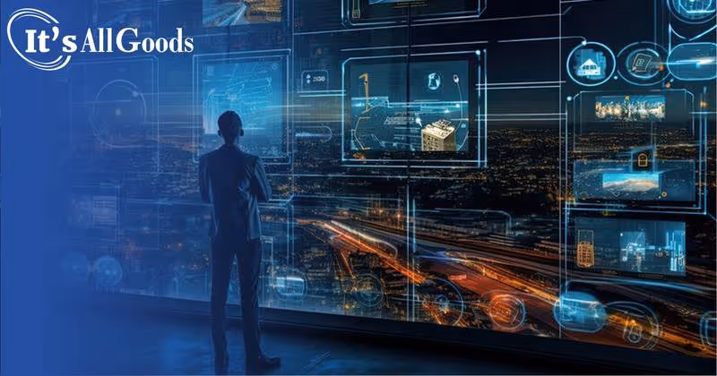 Abstract of business man reviewing business data on large vr screen