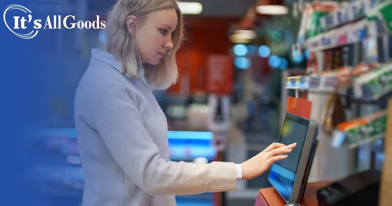 Shopper enters her order into a food service kiosk.