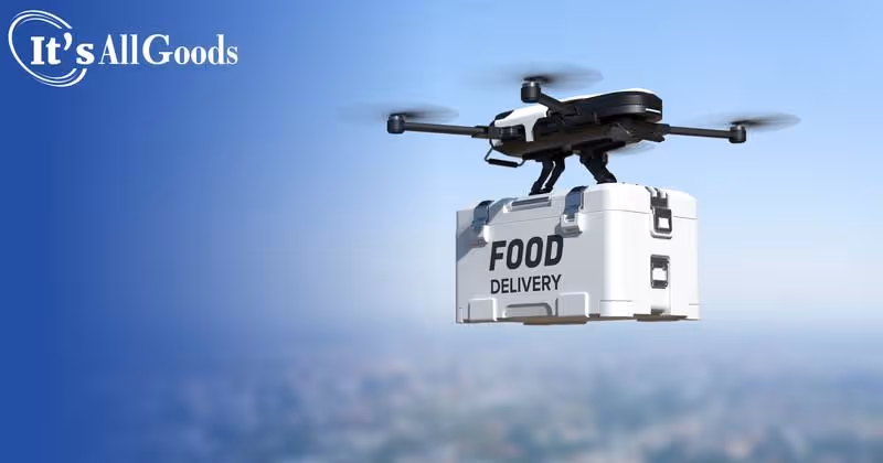 A Food delivery drone in flight.