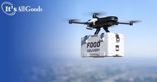 A Food delivery drone in flight.