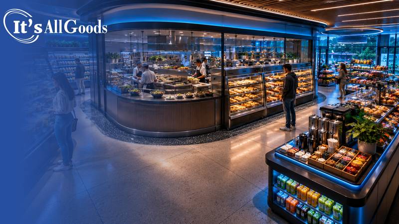 Modern convenience-store kitchen integrated with customer-facing foodservice displays.