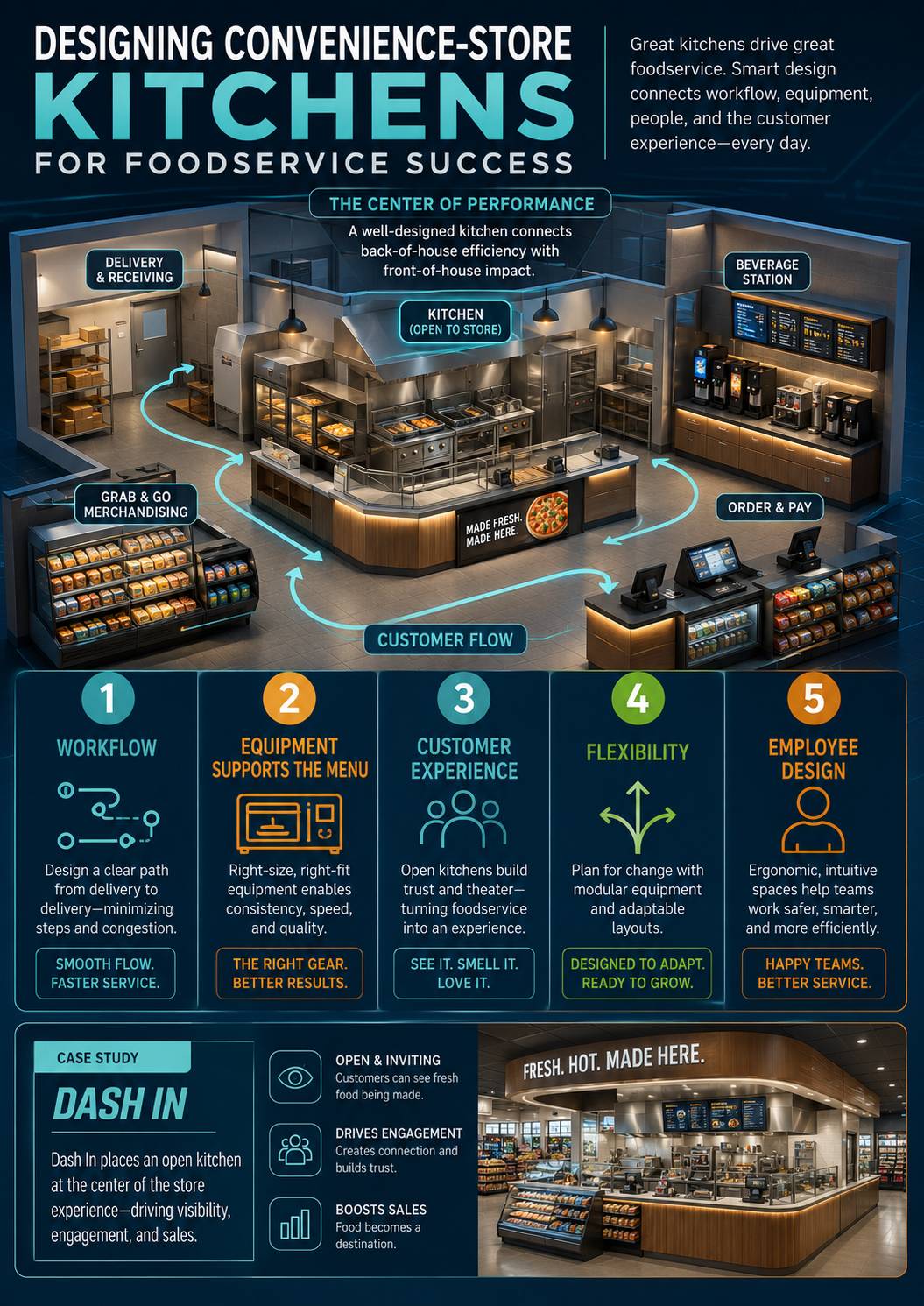 Workflow in a modern convenience store kitchen.