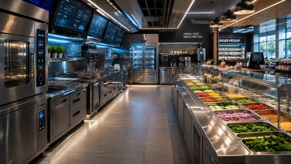 A futuristic convenience store kitchen.