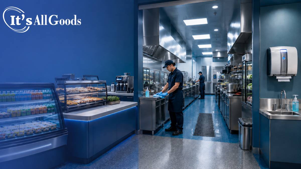 Convenience-store foodservice employees following cleaning and food-safety procedures in a modern kitchen.