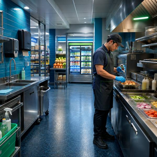 Convenience store worker checking. food temperatures in the kitchen.