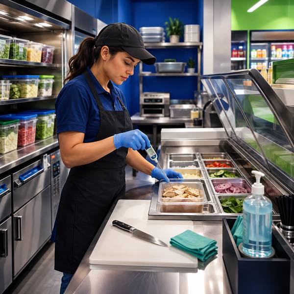 Convenience store employee conducting temperature checks on food.