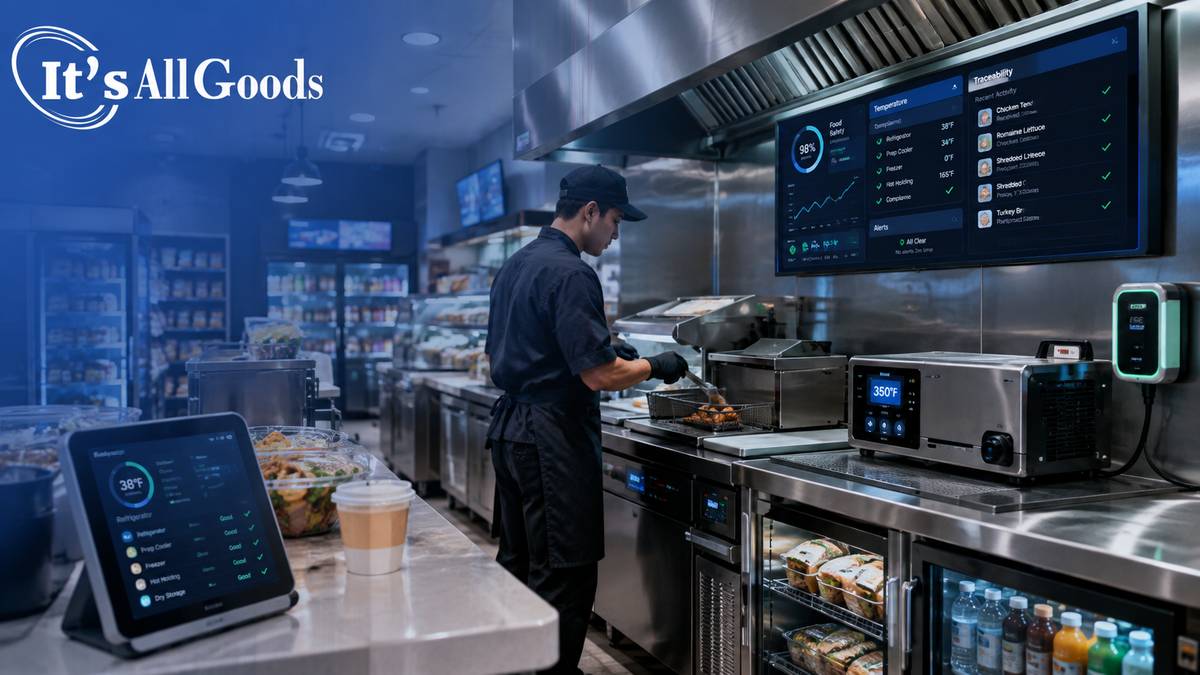 A futuristic convenience-store foodservice operation using connected equipment, digital traceability, and predictive food-safety monitoring.