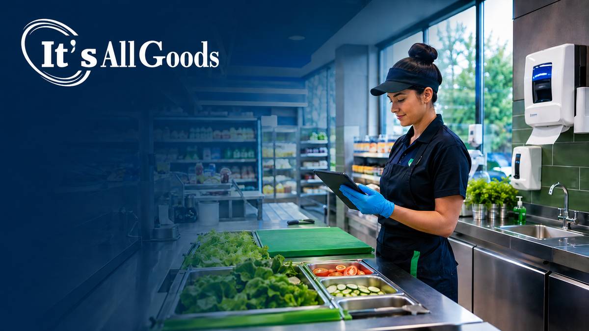 Convenience-store foodservice employee verifying food temperatures and sanitation controls in an organized preparation area.