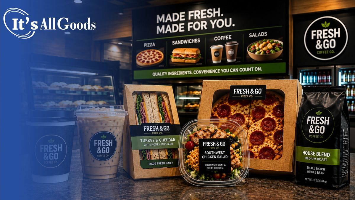Private-label pizza, sandwiches, coffee, and grab-and-go foods displayed in a convenience-store foodservice program.
