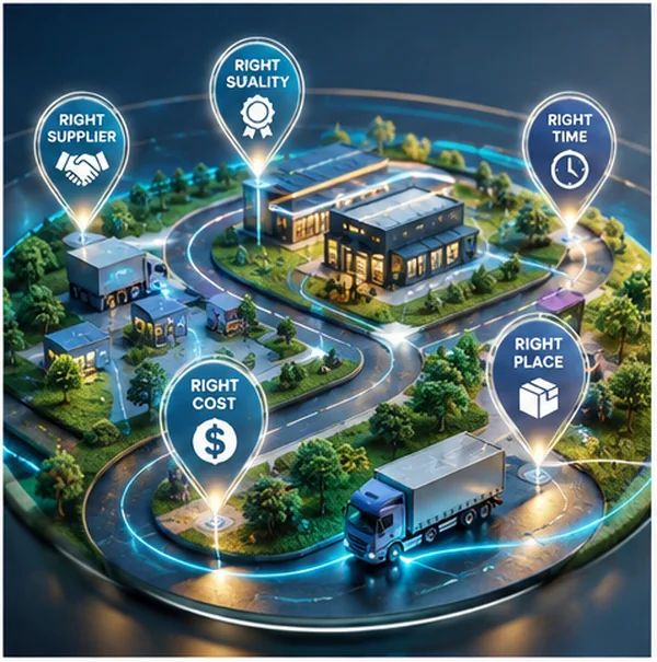 Illustrated supply network highlighting the right supplier, quality, timing, cost, and place.