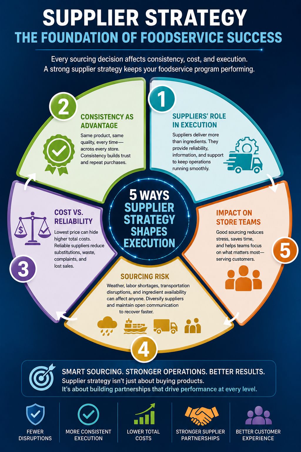 Five ways supplier strategy shapes foodservice execution: supplier role, consistency, cost, risk, and store-team impact.