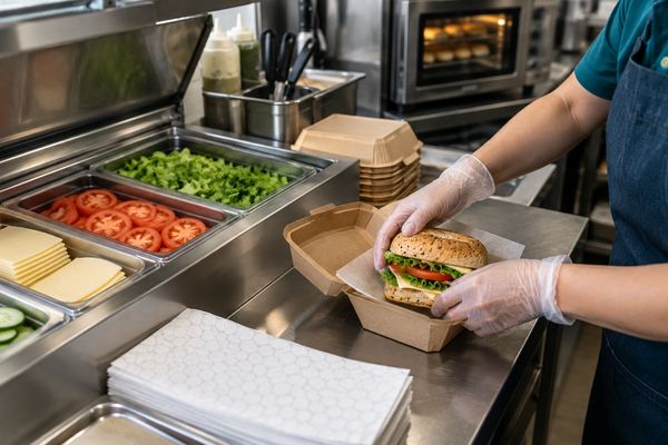 Gloved employee packs a sandwich beside neatly arranged ingredients, utensils, and packaging at a compact assembly station.