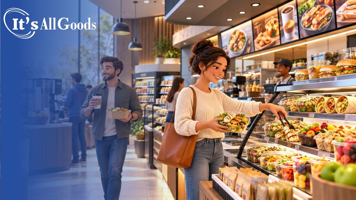 Customers choosing fresh prepared meals and beverages in a modern convenience-store foodservice area.