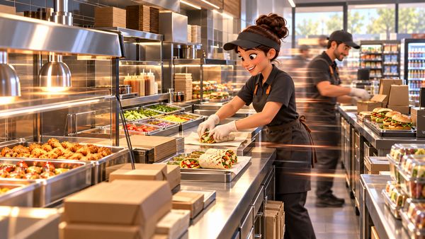 Convenience-store foodservice employees preparing made-to-order wraps and other fresh foods during a busy service period.