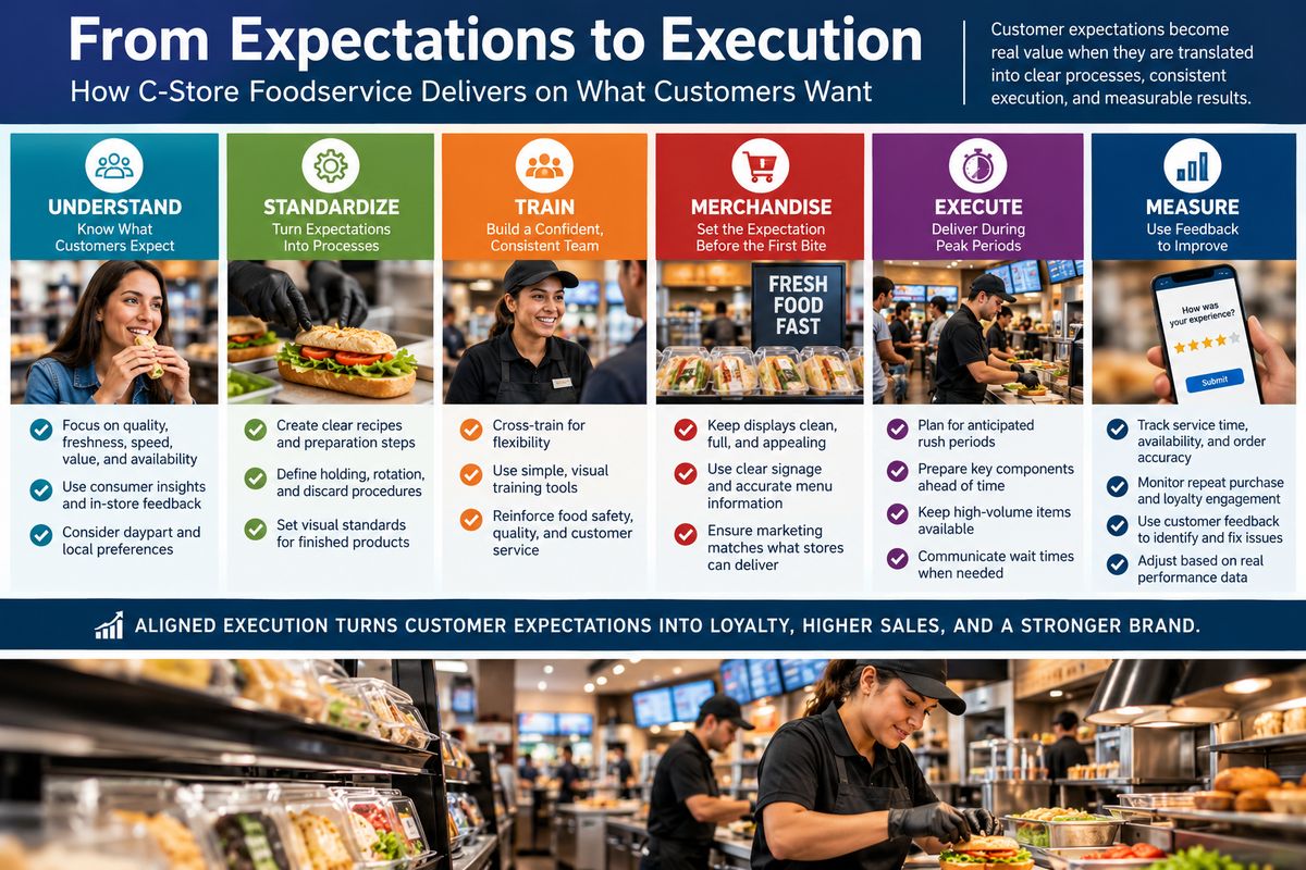 Infographic showing six steps for aligning convenience-store foodservice execution with customer expectations, from understanding needs through measurement and improvement.