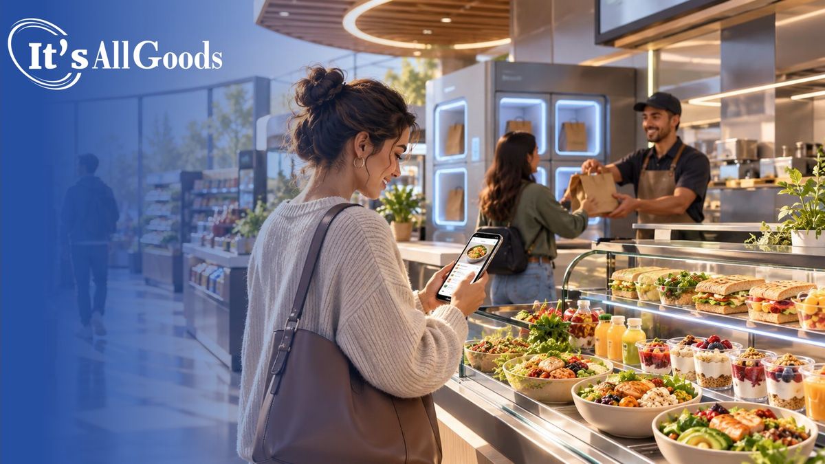 Customer using a smartphone to explore fresh prepared food options in a modern convenience-store foodservice area with digital pickup service.
