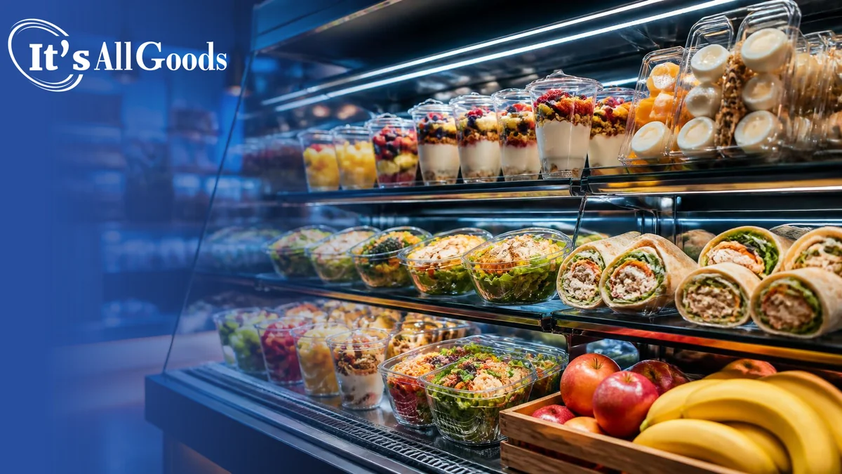 Refrigerated convenience-store case stocked with fresh salads, yogurt parfaits, wraps, hard-cooked eggs, apples, and bananas under cool blue lighting